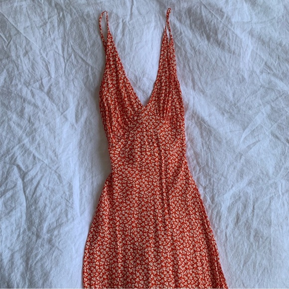 Doen Sonia Crepe Viscose V Neck A Line Midi Slip Dress Orange Hillside Bloom - Picture 7 of 12